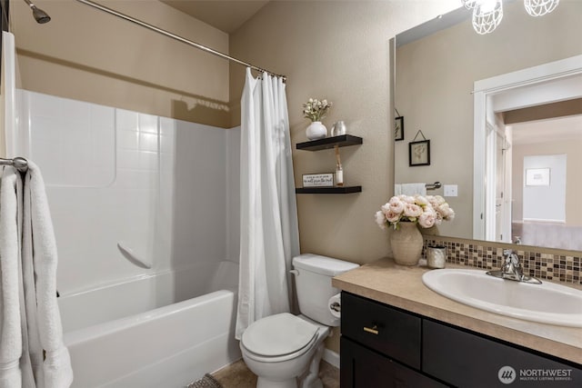 13708 Big Sky Dr E, Bonney Lake, WA 98391 - bathroom featuring toilet, vanity, shower / bathtub combination with curtain, and decorative backsplash