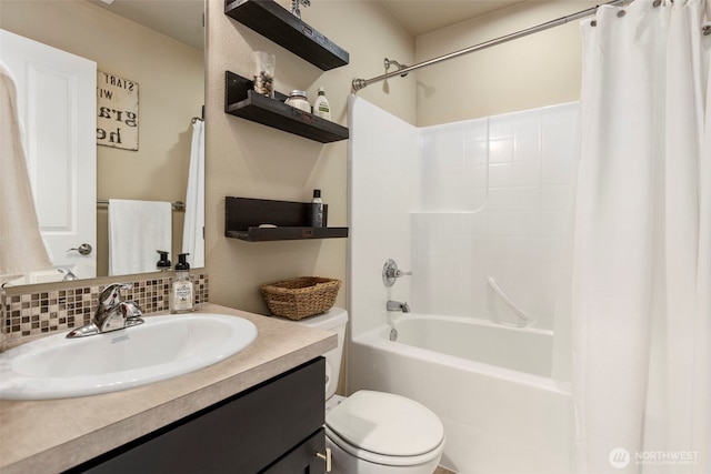 13708 Big Sky Dr E, Bonney Lake, WA 98391 - full bathroom with decorative backsplash, toilet, shower / tub combo with curtain, and vanity