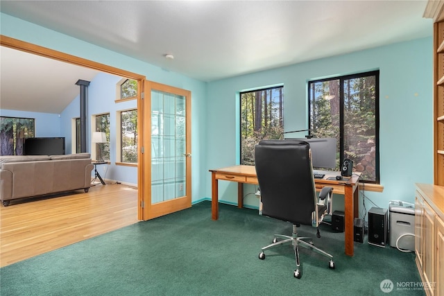 3912 Sutherland St, Gig Harbor, WA 98332 - office area with carpet, vaulted ceiling, french doors, and baseboards