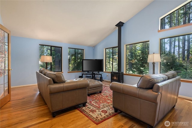 3912 Sutherland St, Gig Harbor, WA 98332 - living area featuring light wood finished floors, high vaulted ceiling, healthy amount of natural light, and baseboards