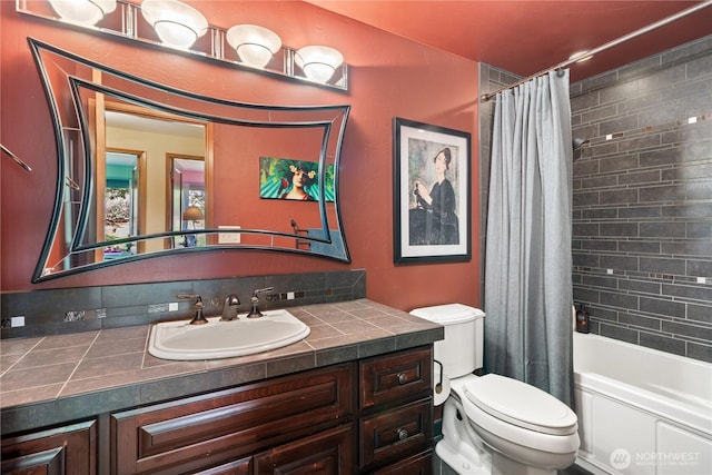 3912 Sutherland St, Gig Harbor, WA 98332 - bathroom featuring toilet, vanity, and shower / bathtub combination with curtain