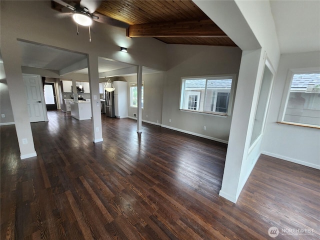 unfurnished living room with ceiling fan, baseboards, dark wood-style flooring, and wooden ceiling