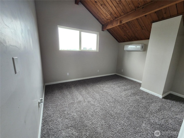 additional living space with wooden ceiling, carpet flooring, a wall mounted AC, and baseboards
