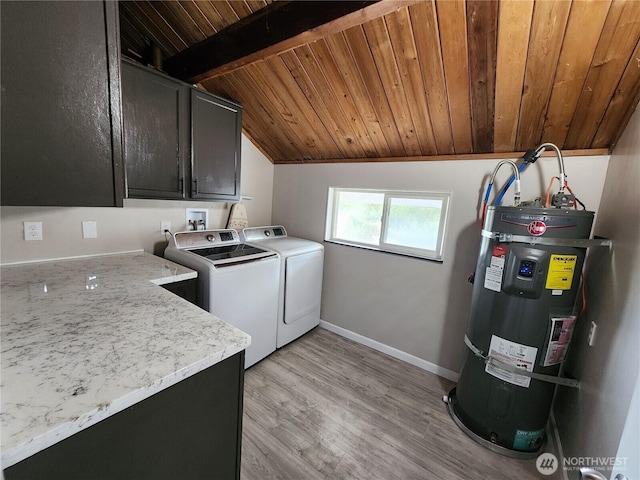 laundry area with cabinet space, washer and dryer, secured water heater, wooden ceiling, and baseboards