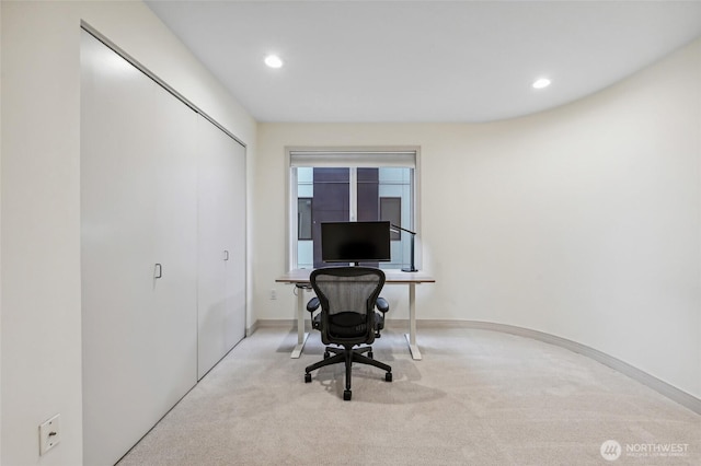 office space featuring carpet, recessed lighting, and baseboards