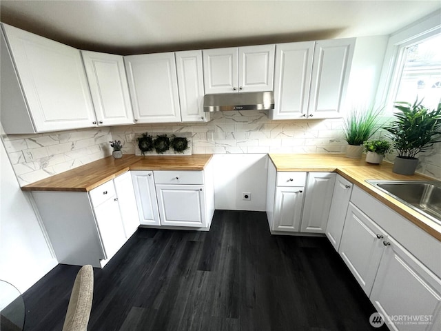 kitchen featuring under cabinet range hood, wood counters, dark wood-type flooring, and white cabinetry