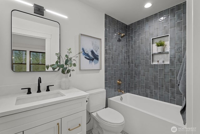 6993 N Fork Rd SE, Snoqualmie, WA 98065 - full bath featuring toilet, vanity, shower / bath combination, and recessed lighting
