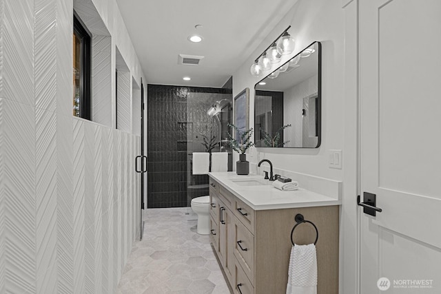 6993 N Fork Rd SE, Snoqualmie, WA 98065 - full bathroom featuring toilet, a stall shower, vanity, recessed lighting, and tile patterned floors