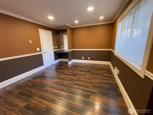 11717 93rd Ave NE Unit A7, Kirkland, WA 98034 - unfurnished room with dark wood-style floors, ornamental molding, baseboards, and recessed lighting