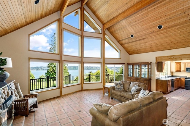 7353 Cedar House Ct, Clinton, WA 98236 - living room featuring a water view, high vaulted ceiling, light tile patterned floors, wooden ceiling, and beamed ceiling