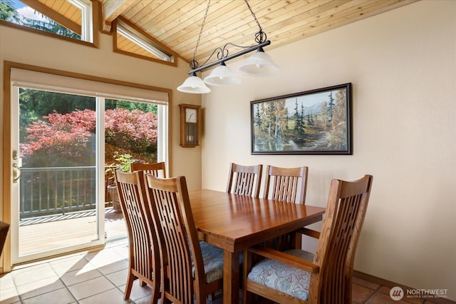7353 Cedar House Ct, Clinton, WA 98236 - dining area with wood ceiling and light tile patterned floors