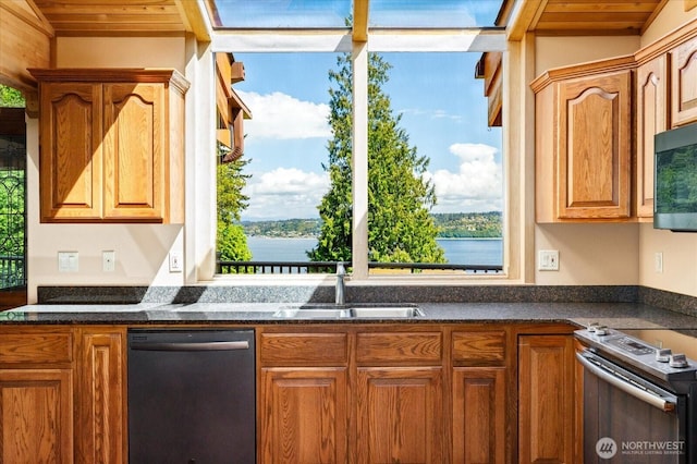 7353 Cedar House Ct, Clinton, WA 98236 - kitchen with dishwashing machine, stainless steel electric stove, a sink, dark stone counters, and wood ceiling