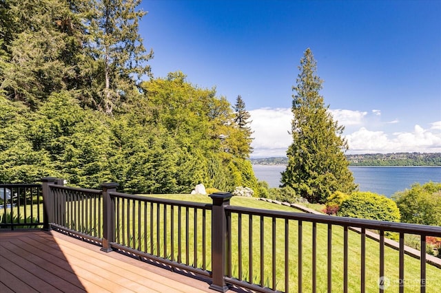 7353 Cedar House Ct, Clinton, WA 98236 - wooden deck with a water view and a lawn