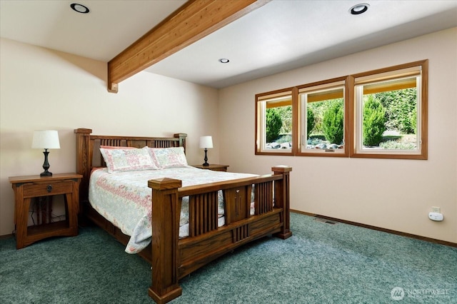 7353 Cedar House Ct, Clinton, WA 98236 - bedroom featuring beam ceiling, carpet floors, recessed lighting, and baseboards