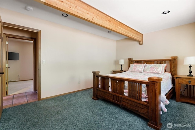7353 Cedar House Ct, Clinton, WA 98236 - bedroom with carpet floors, beamed ceiling, recessed lighting, and baseboards