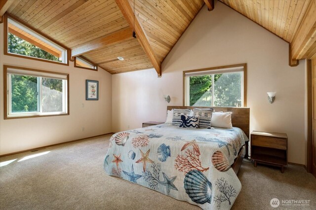 7353 Cedar House Ct, Clinton, WA 98236 - carpeted bedroom with beam ceiling, wooden ceiling, multiple windows, and high vaulted ceiling