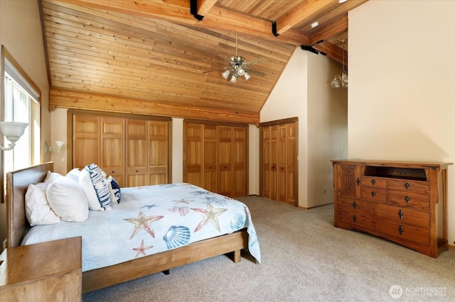 7353 Cedar House Ct, Clinton, WA 98236 - carpeted bedroom with wooden ceiling, beamed ceiling, and high vaulted ceiling