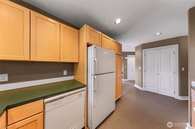 2333 Tuttle Ln, Lummi Island, WA 98262 - kitchen with white appliances, light brown cabinetry, recessed lighting, and carpet floors
