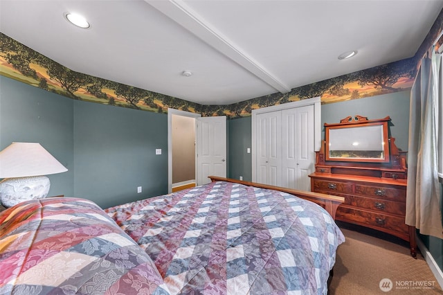 2333 Tuttle Ln, Lummi Island, WA 98262 - carpeted bedroom featuring beamed ceiling, a closet, and recessed lighting