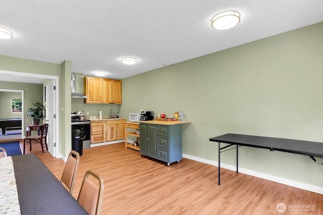 4111 164th St SW Unit 2, Lynnwood, WA 98087 - kitchen featuring stainless steel range with electric stovetop, white microwave, light wood-style floors, wall chimney exhaust hood, and light countertops