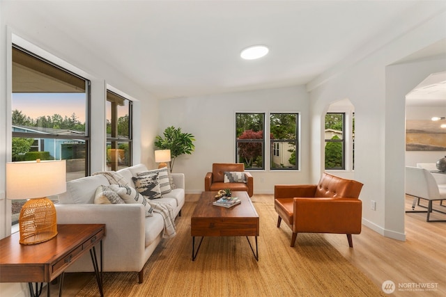 32820 20th Ave S Unit 47, Federal Way, WA 98003 - living room with healthy amount of natural light, light wood finished floors, baseboards, lofted ceiling, and arched walkways