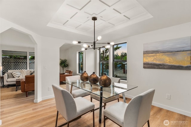 32820 20th Ave S Unit 47, Federal Way, WA 98003 - dining space with arched walkways, light wood-style floors, a chandelier, baseboards, and coffered ceiling