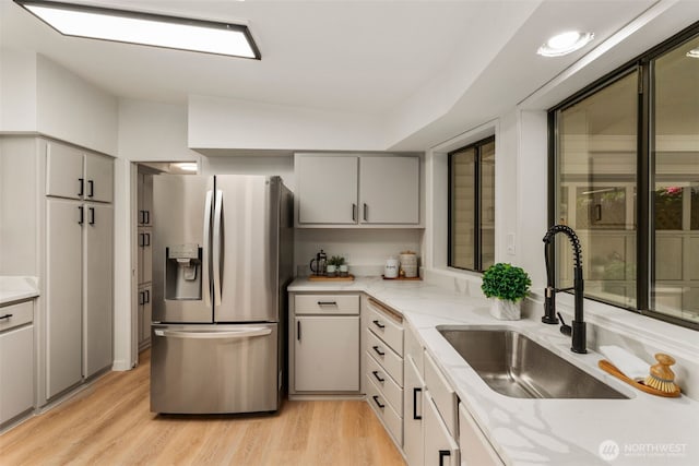 32820 20th Ave S Unit 47, Federal Way, WA 98003 - kitchen with stainless steel refrigerator with ice dispenser, a sink, light wood finished floors, and gray cabinets
