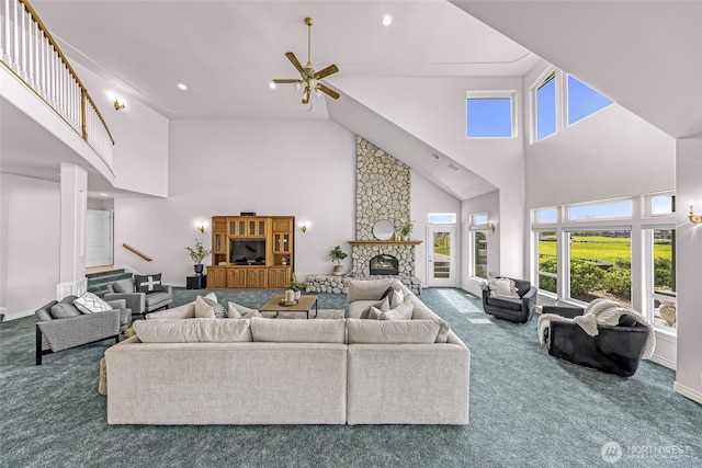 325 Island Green Way, Lynden, WA 98264 - living area with a towering ceiling, carpet, a ceiling fan, healthy amount of natural light, and recessed lighting