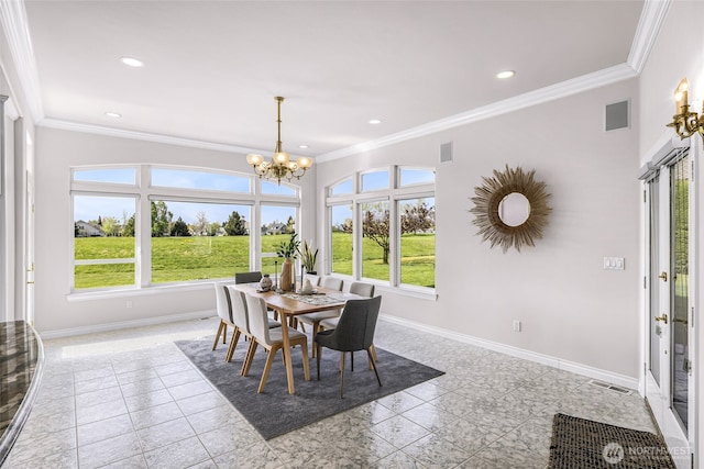 325 Island Green Way, Lynden, WA 98264 - tiled dining room with a chandelier, ornamental molding, healthy amount of natural light, baseboards, and recessed lighting
