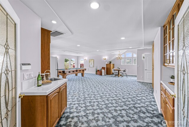 325 Island Green Way, Lynden, WA 98264 - bar with carpet, recessed lighting, a sink, pool table, and a chandelier