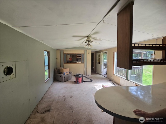 46400 Baker Loop Rd, Concrete, WA 98237 - carpeted living area featuring vaulted ceiling and ceiling fan