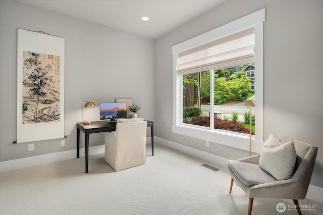 carpeted office featuring recessed lighting