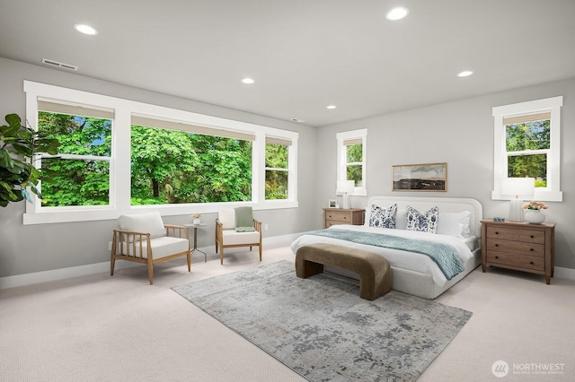 bedroom with carpet floors, baseboards, and recessed lighting