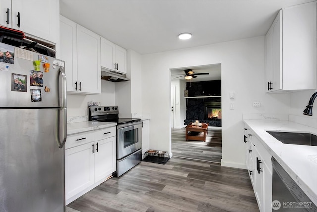 337 100th St S, Tacoma, WA 98444 - kitchen with appliances with stainless steel finishes, a sink, under cabinet range hood, a ceiling fan, and white cabinetry