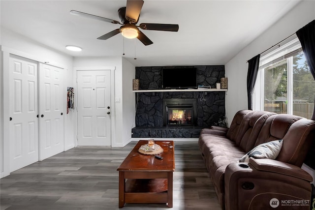 337 100th St S, Tacoma, WA 98444 - living room with a ceiling fan, a fireplace, and wood finished floors