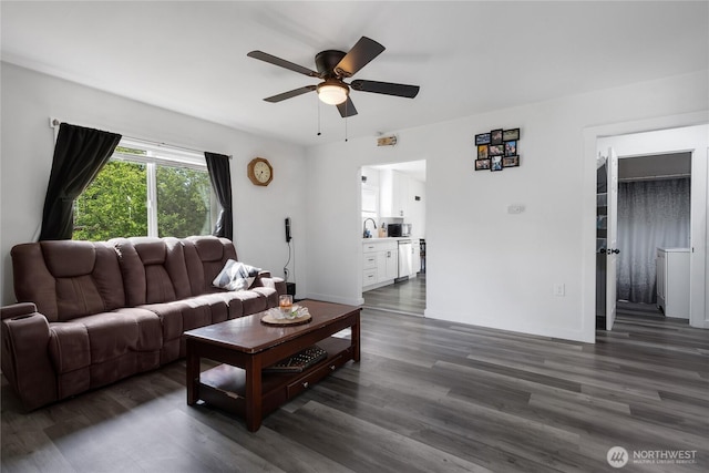 337 100th St S, Tacoma, WA 98444 - living room with ceiling fan, dark wood-style flooring, and baseboards