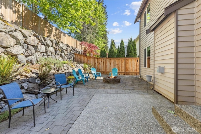 view of patio featuring a fire pit and a fenced backyard