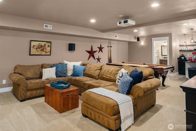 home theater room with light carpet, recessed lighting, pool table, and baseboards