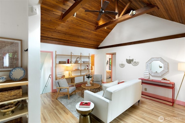 living room with wooden ceiling, wood finished floors, ceiling fan, beam ceiling, and high vaulted ceiling