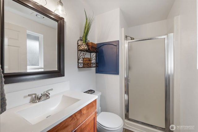 bathroom with a shower stall, toilet, and vanity