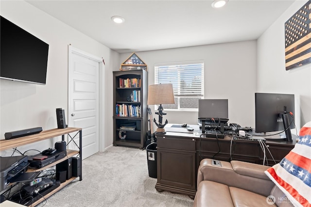 office area with light carpet and recessed lighting