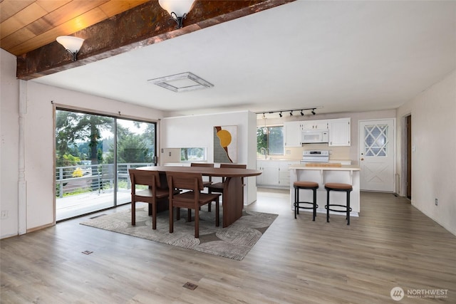 228 Skagit Way, La Conner, WA 98257 - dining space with healthy amount of natural light, light wood-type flooring, and rail lighting