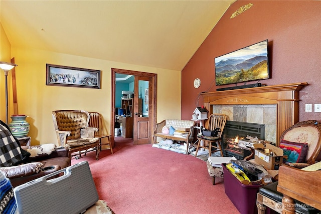 19414 112th Ave E, Graham, WA 98338 - carpeted living area featuring lofted ceiling and a tile fireplace