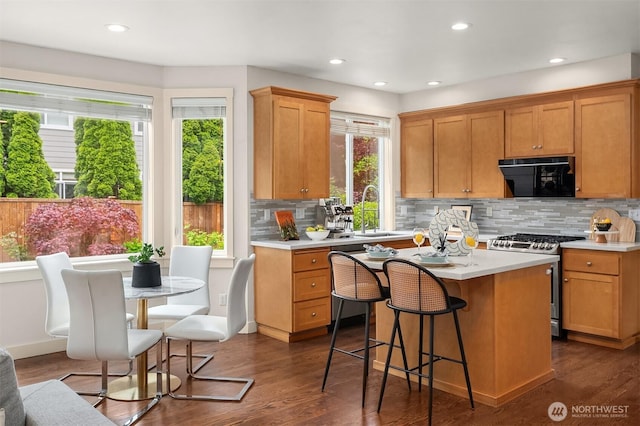 kitchen featuring stainless steel range with gas cooktop, a sink, light countertops, decorative backsplash, and recessed lighting