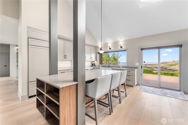 1248 Kanaka Bay Rd, Friday Harbor, WA 98250 - kitchen with high vaulted ceiling, light countertops, light wood-type flooring, a sink, and a breakfast bar area
