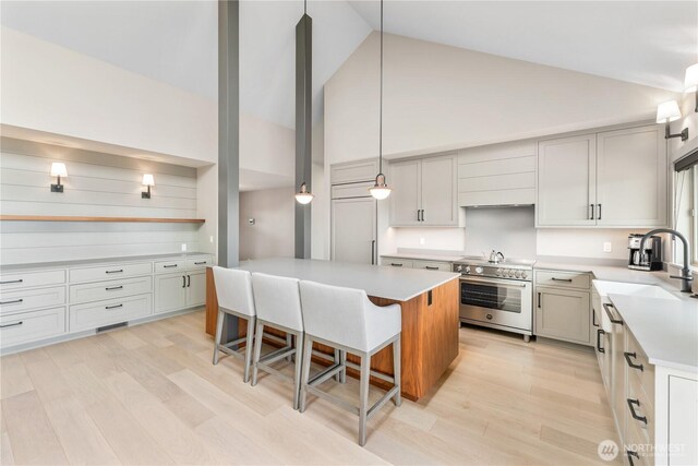 1248 Kanaka Bay Rd, Friday Harbor, WA 98250 - kitchen with high end stainless steel range oven, a breakfast bar area, high vaulted ceiling, light wood-style flooring, and light countertops
