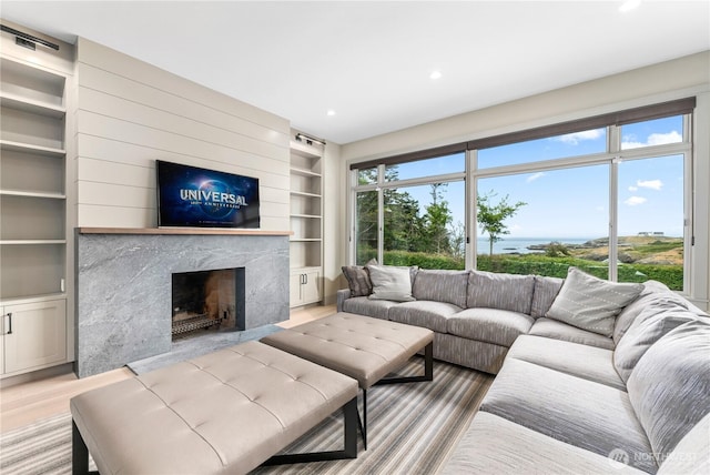 1248 Kanaka Bay Rd, Friday Harbor, WA 98250 - living area featuring built in features, light wood-style flooring, recessed lighting, and a high end fireplace