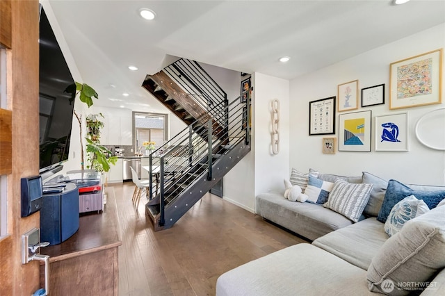 4216 30th Ave SW, Seattle, WA 98126 - living area featuring stairway, wood finished floors, recessed lighting, and baseboards