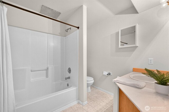 8894 Giles Rd, Blaine, WA 98230 - bathroom featuring toilet, baseboards, shower / tub combo, tile patterned flooring, and vanity