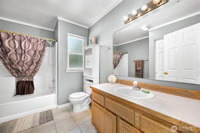 8894 Giles Rd, Blaine, WA 98230 - bathroom with crown molding, tile patterned flooring, toilet, vanity, and shower / bath combination with curtain